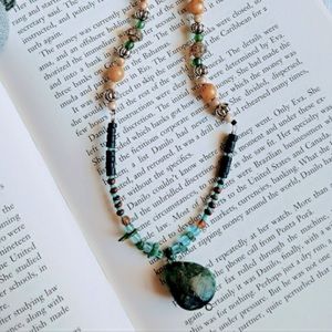 Vintage, handcrafted, raw turquoise and mixed media necklace.